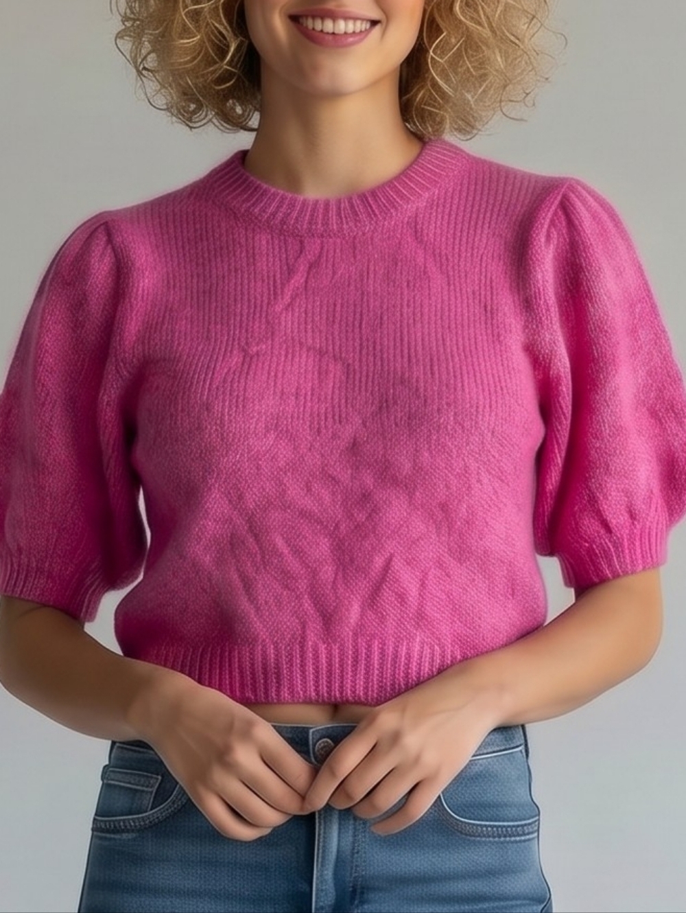 BIBI Pink Puff Sleeve Women's Wool Blend SweaterXL